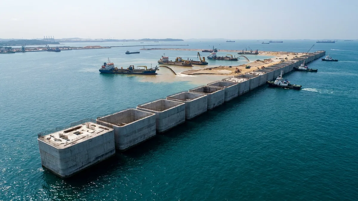 227 blocos de concreto de até 13.500 toneladas são instalados no mar para construir muralha de 9,1 km do maior porto automatizado do mundo