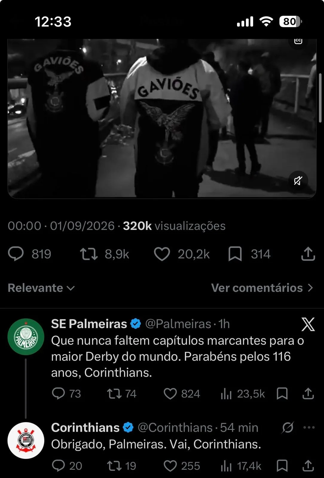 Palmeiras parabeniza Corinthians pelo aniversário e exalta o clássico: "Maior Dérbi do mundo"
