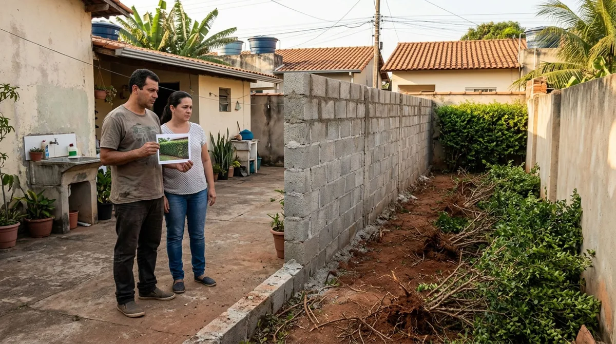 Casal encontra a cerca de sansão-do-campo retirada e uma parede erguida em seu lugar, exige conferência da divisa e cobra reparação porque a nova construção também ocupou parte do jardim