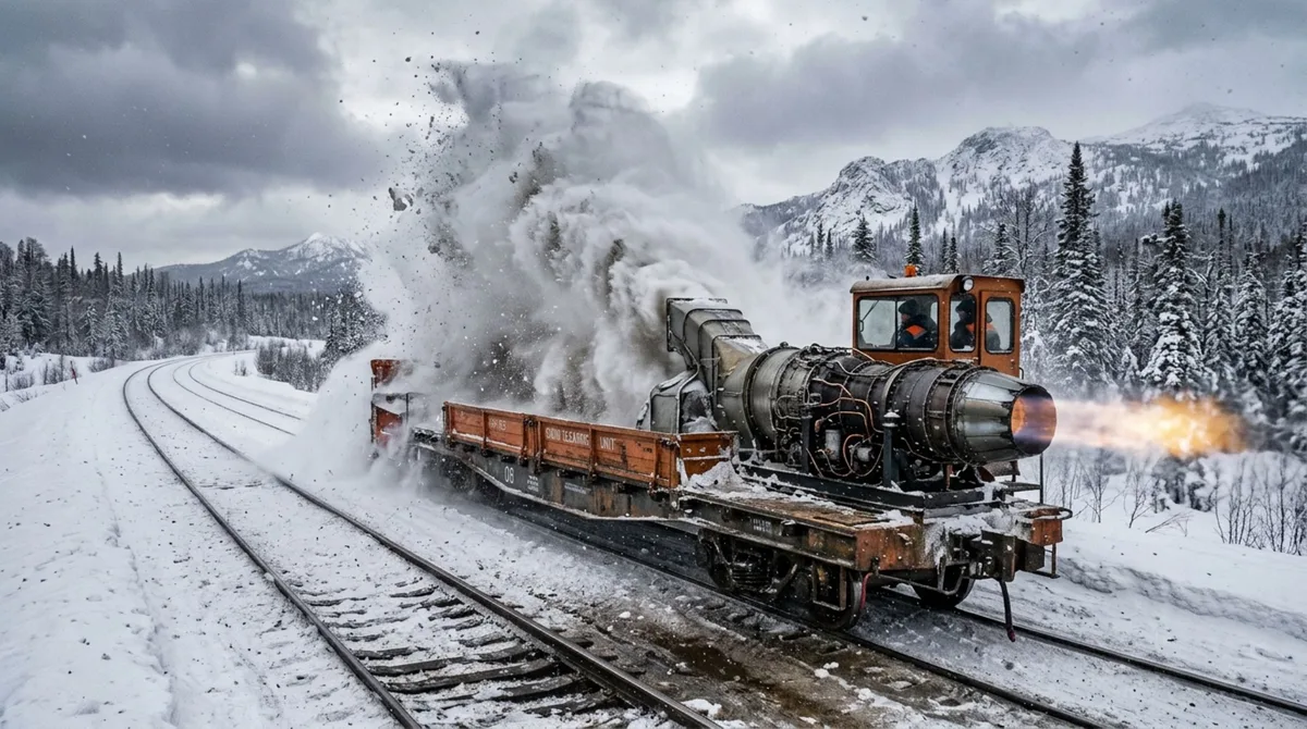 Assuste-se com este vagão ferroviário que recebeu motor de caça a jato para expulsar neve e gelo dos trilhos