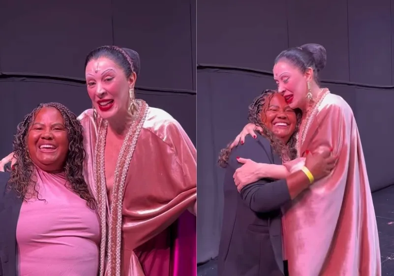 O encontro de Claudia Raia com Laurinha do Camarão, dona do bordão das praias