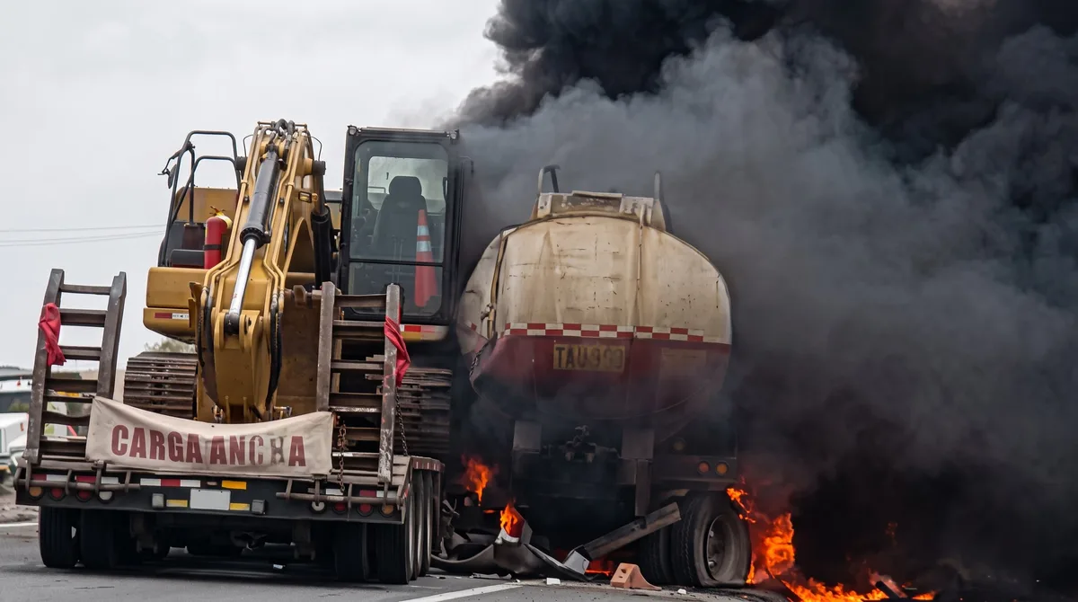 Accidente en la Panamerica Norte: tráiler que trasladaba maquinaria pesada impactó contra una cisterna y provocó incendio