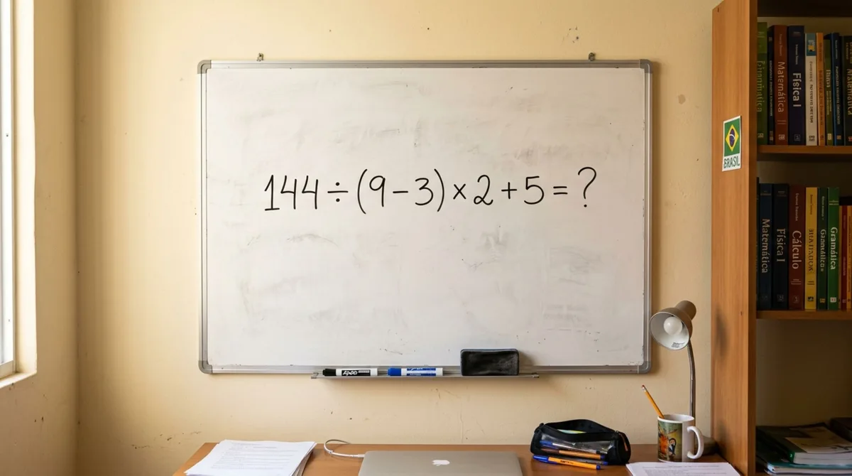 Sem usar calculadora, resolva a expressão 144 ÷ (9 − 3) × 2 + 5 e teste se você lembra da ordem das operações