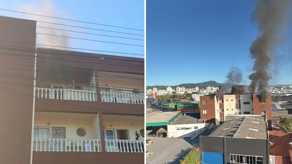 Chamas atingem último andar de prédio e deixam morador com queimaduras de 1º e 2º grau na Grande Florianópolis