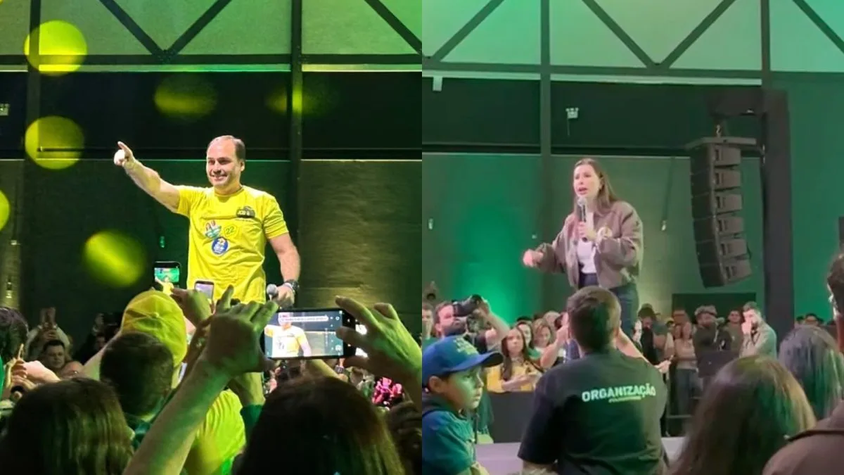 Em Joinville, Carlos Bolsonaro lembra do pai com camiseta assinada, e Carol pede impeachment de Moraes