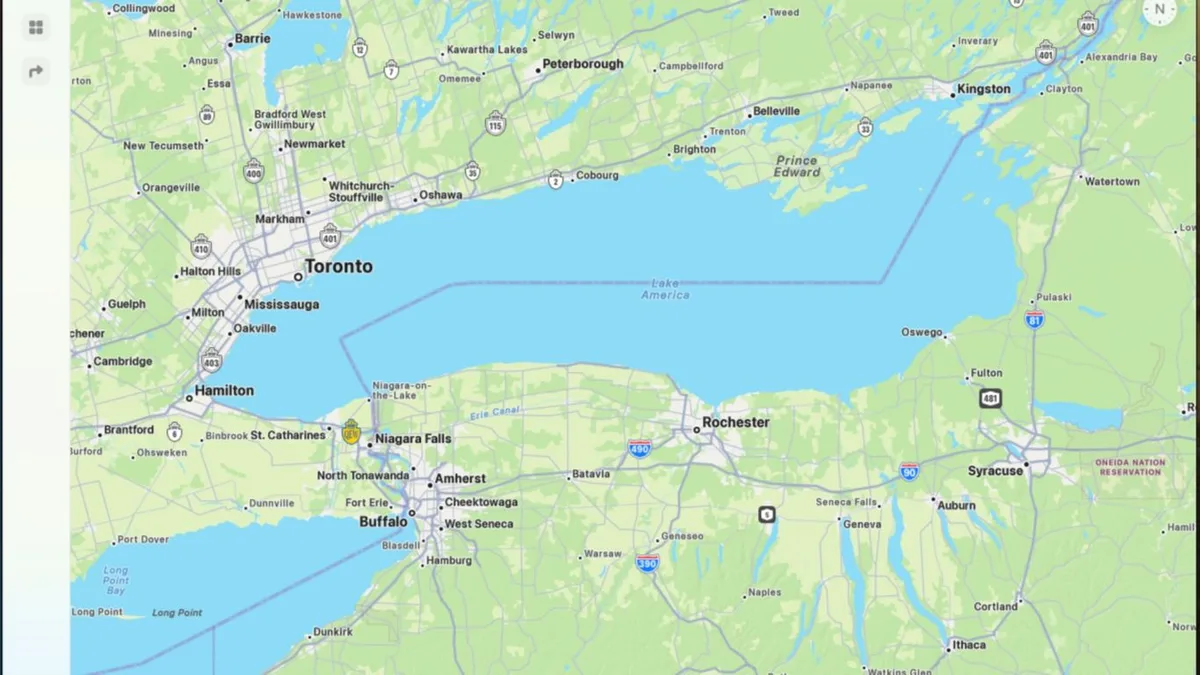 Apple joins Google in renaming Lake Ontario to "Lake America"