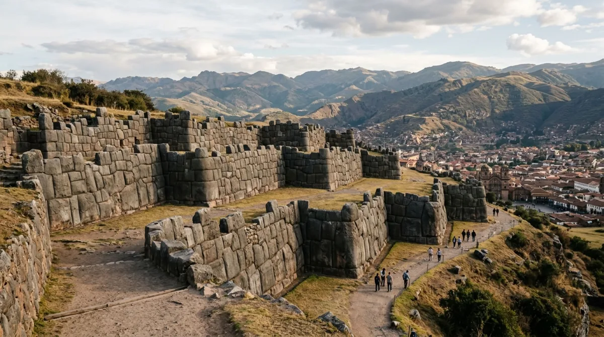 A fortaleza de pedra antiga onde blocos de mais de 100 toneladas foram encaixados sem argamassa e quase não deixam espaço nas juntas