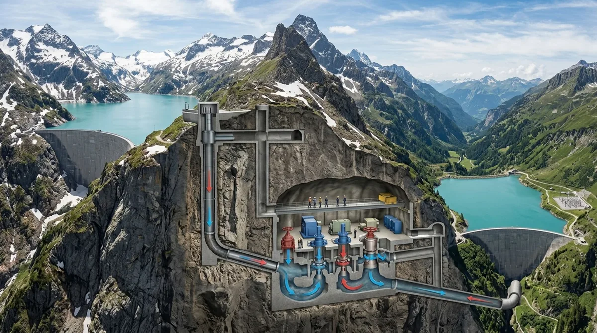 No interior de uma montanha, uma enorme instalação foi construída para armazenar milhões de metros cúbicos de água e liberá-los rapidamente quando a demanda por eletricidade aumenta, transformando dois reservatórios em uma gigantesca bateria gravitacional