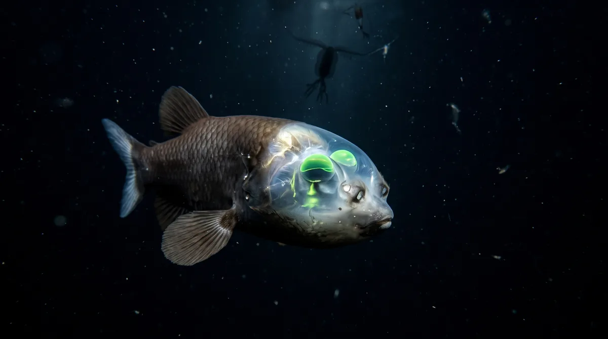 Os olhos verdes deste peixe apontam para cima dentro de uma cabeça transparente e conseguem girar quando ele encontra comida