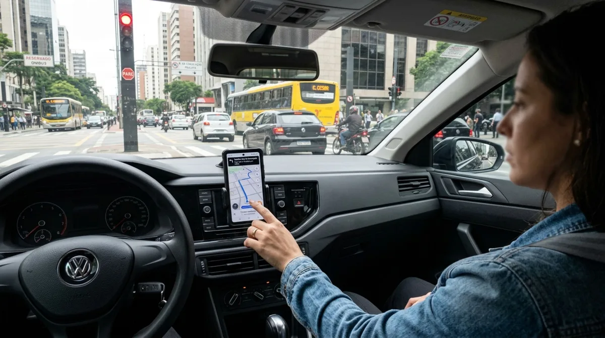 Motorista coloca o celular no suporte para seguir o GPS, mas ao mexer no celular durante parada no sinal vermelho, recebe multa e descobre que manusear o aparelho, mesmo no suporte, continua sendo infração