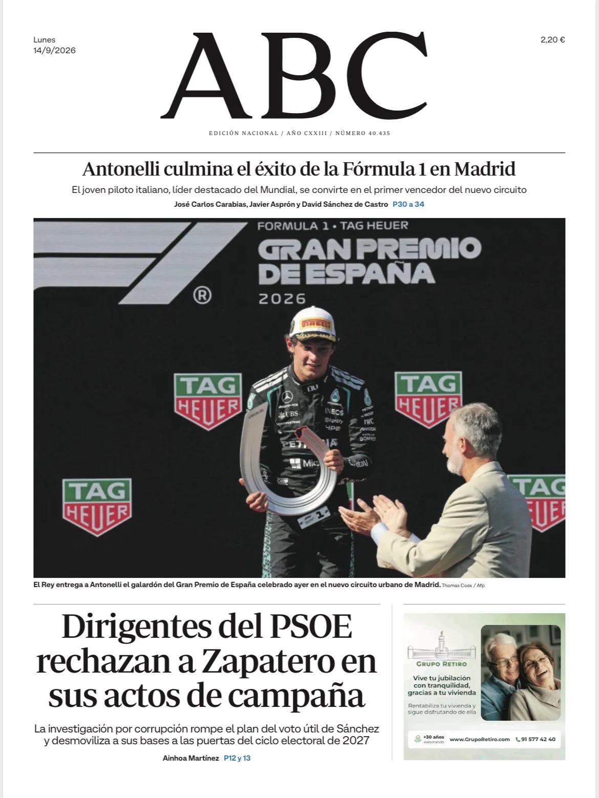 Portadas de la prensa internacional de este lunes 14 de septiembre de 2026