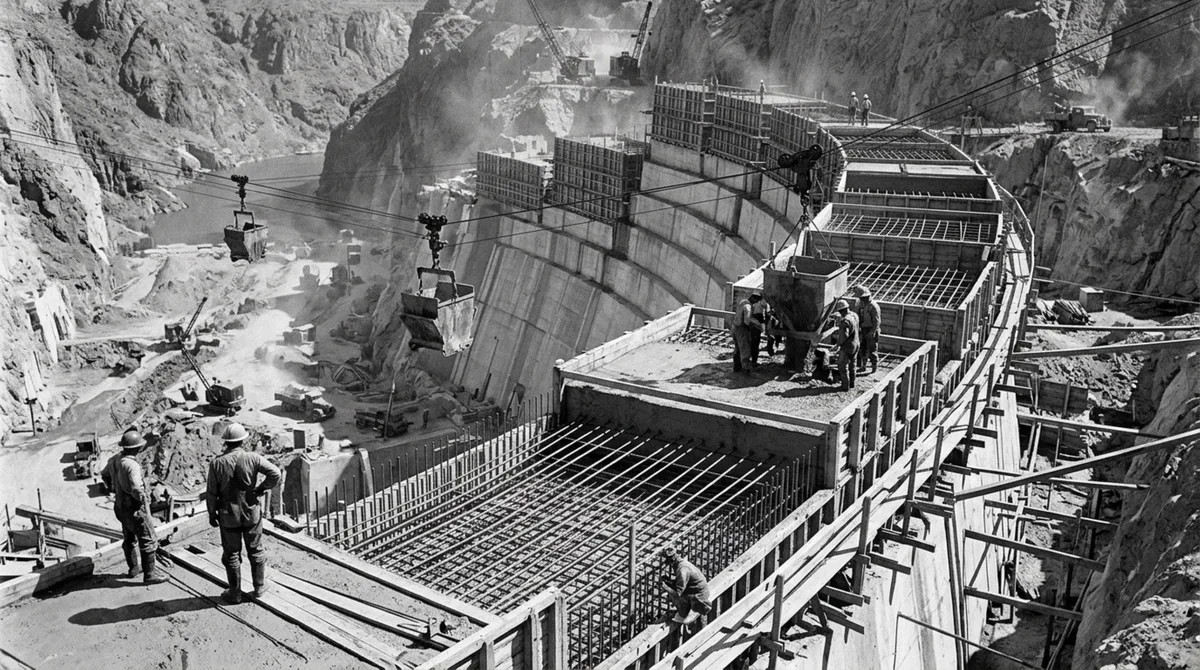 Hoover Dam exigiu quase 590 milhas de tubos embutidos no concreto para acelerar o resfriamento, porque sem refrigeração artificial a massa da barragem levaria cerca de 150 anos para esfriar naturalmente