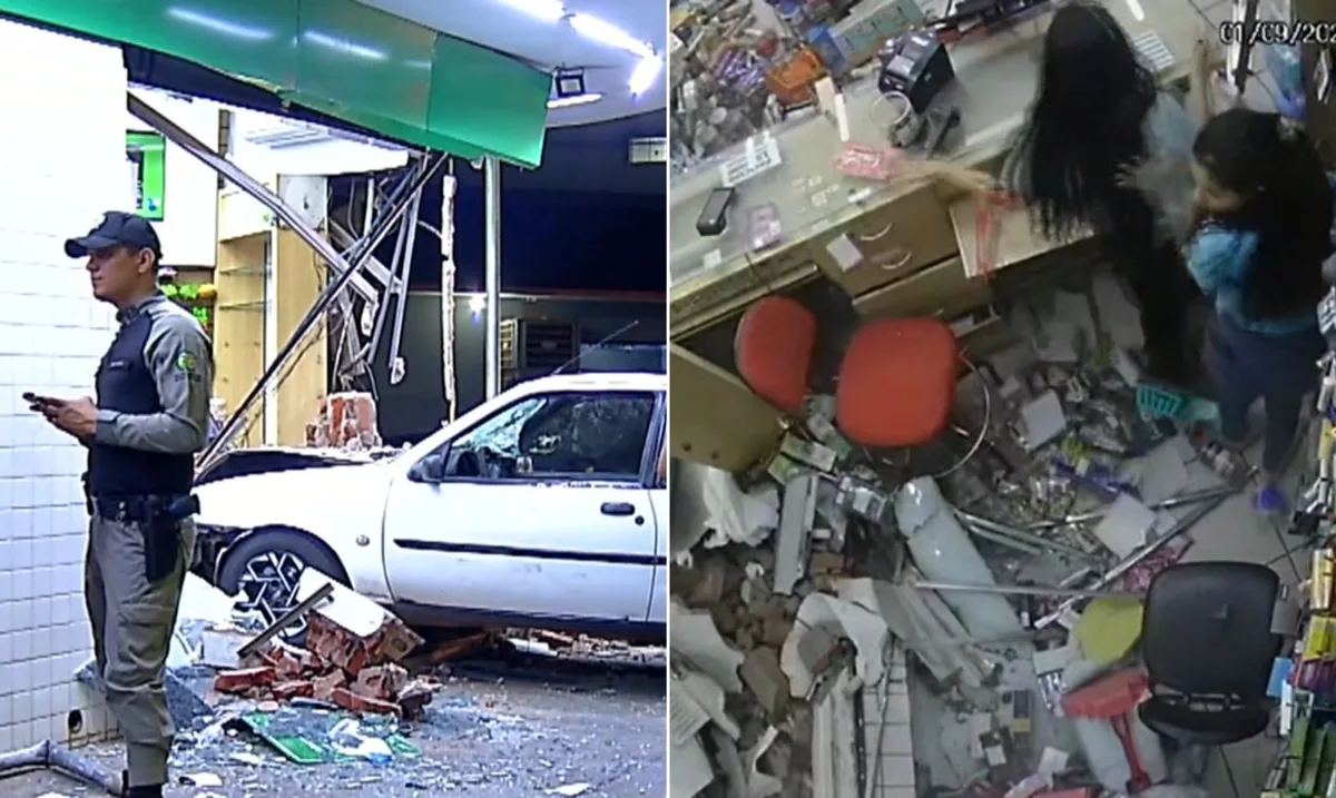Carro invade farmácia e arremessa funcionários; vídeo impressionante