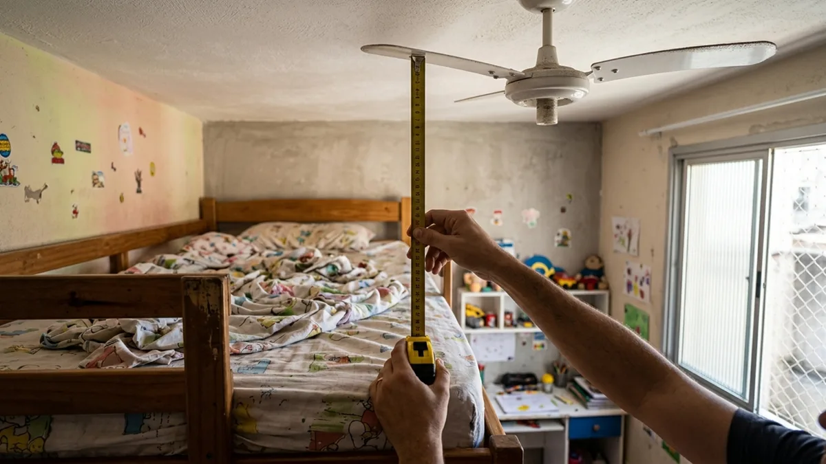 Família monta uma beliche para liberar espaço no quarto e percebe que quem dorme na cama de cima fica ao alcance das pás do ventilador de teto