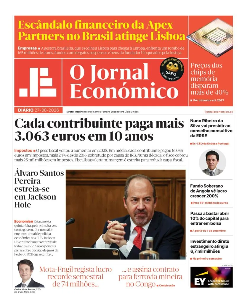 A primeira página do Jornal Económico de quinta-feira, 27 de agosto