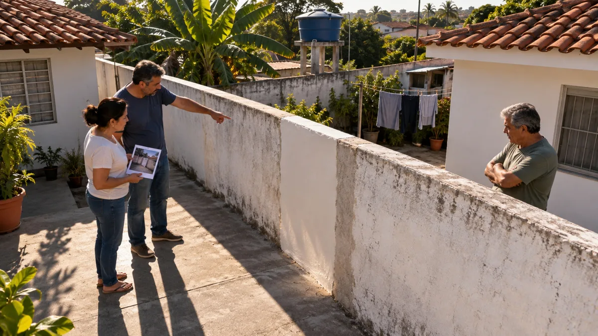 Vizinho derruba parte de uma mureta para passar material de obra e promete reconstruir depois, mas o acabamento novo fica diferente de todo o restante da divisa