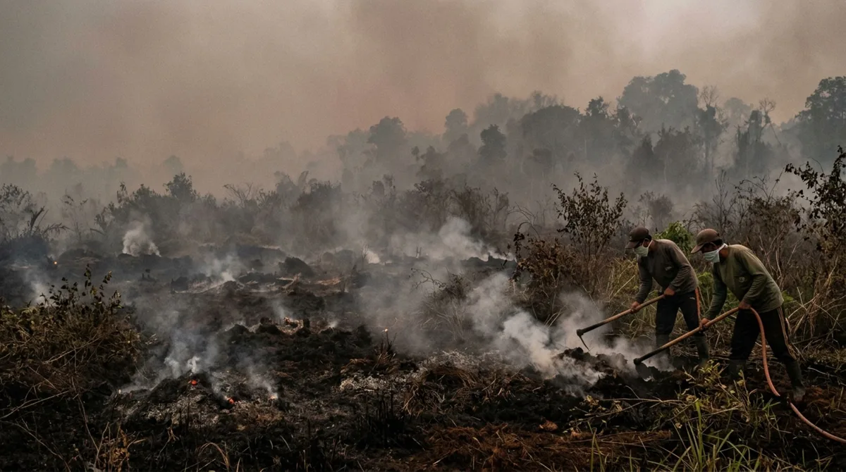 Fumaça escureceu o céu de Bornéu enquanto incêndios subterrâneos continuavam queimando turfa mesmo longe das chamas visíveis