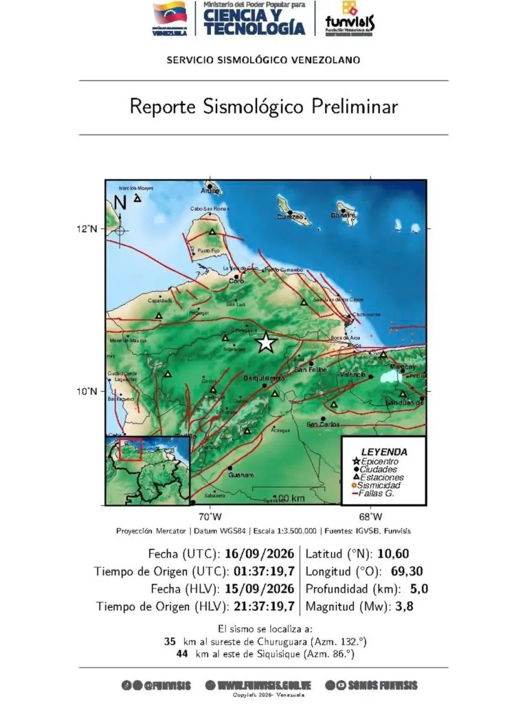 Reportan sismo de magnitud 3.5 al norte de Lara