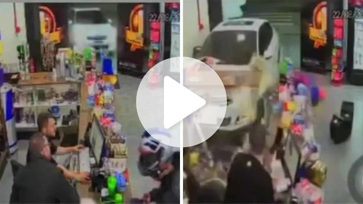 Carro desgovernado invade loja de bebidas e quase atinge funcionários em cidade de SC; confira vídeo