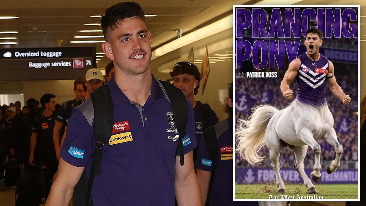 Fremantle spearhead Patrick Voss reacts to The West Australian’s ‘Prancing Pony’ poster
