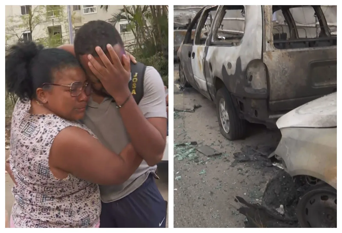 Motorista cai no choro ao descobrir carro destruído por incêndio durante a madrugada, na Zona Sul de SP, e é consolado pela mãe