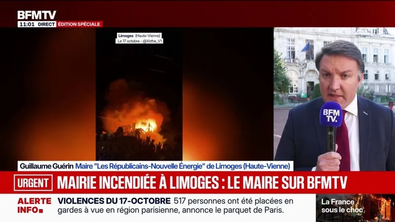 Guillaume Guérin, maire LR de Limoges se dit "révolté" par l'incendie de la mairie qui va provoquer "une rupture de service public"