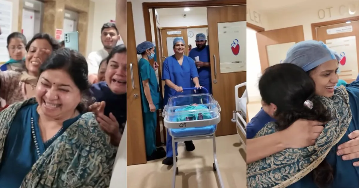 Após 52 anos sem o nascimento de uma menina na família, parentes choram de emoção na porta da maternidade quando a médica sai do centro cirúrgico com a primeira garota da linhagem nos braços