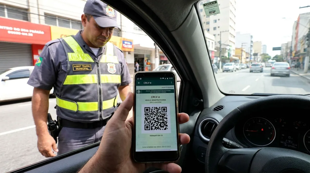 Motorista é parado na blitz de trânsito, ao ser requisitado o documento do carro ele apresenta o CRLV-e no celular e é questionado por agente, condutor afirma não carregar mais o licenciamento impresso