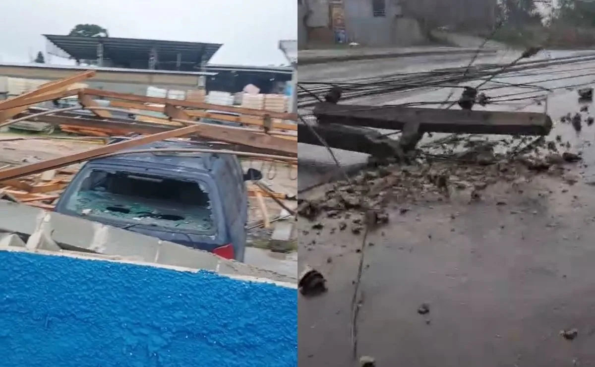 Forte temporal deixa rastro de destruição em Almirante Tamandaré com desabamento de telhado e queda de postes; veja vídeos