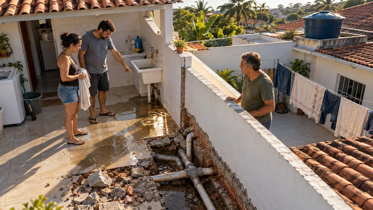 Casal troca a pia da área externa e descobre que o novo encanamento descarrega justamente em um tubo antigo usado também pela casa vizinha
