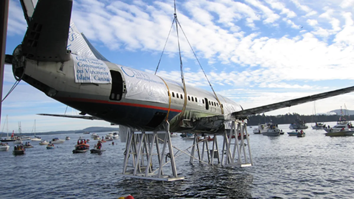 Canada lowered a retired Boeing 737 onto the seabed off Vancouver Island; now it serves as an artificial reef for marine life