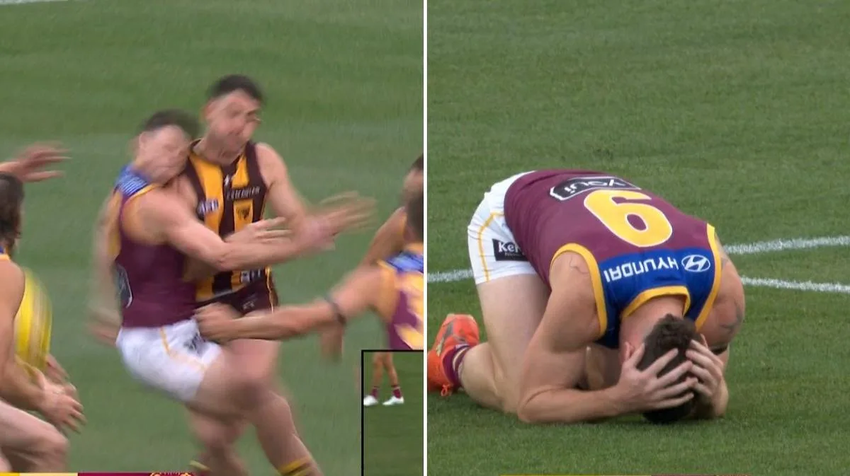 Brisbane star Lachie Neale flattened by Jai Newcombe in opening seconds of preliminary final