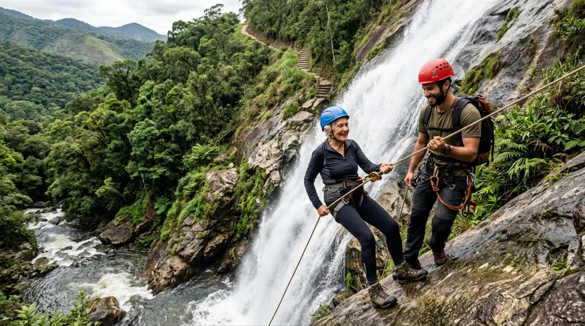 Aos 80 anos, ela encarou uma trilha de 4,5 quilômetros e 886 degraus só para chegar ao ponto de partida, colocou o equipamento, e desceu de rapel os 90 metros de uma cachoeira acompanhada pelo neto de 30 anos