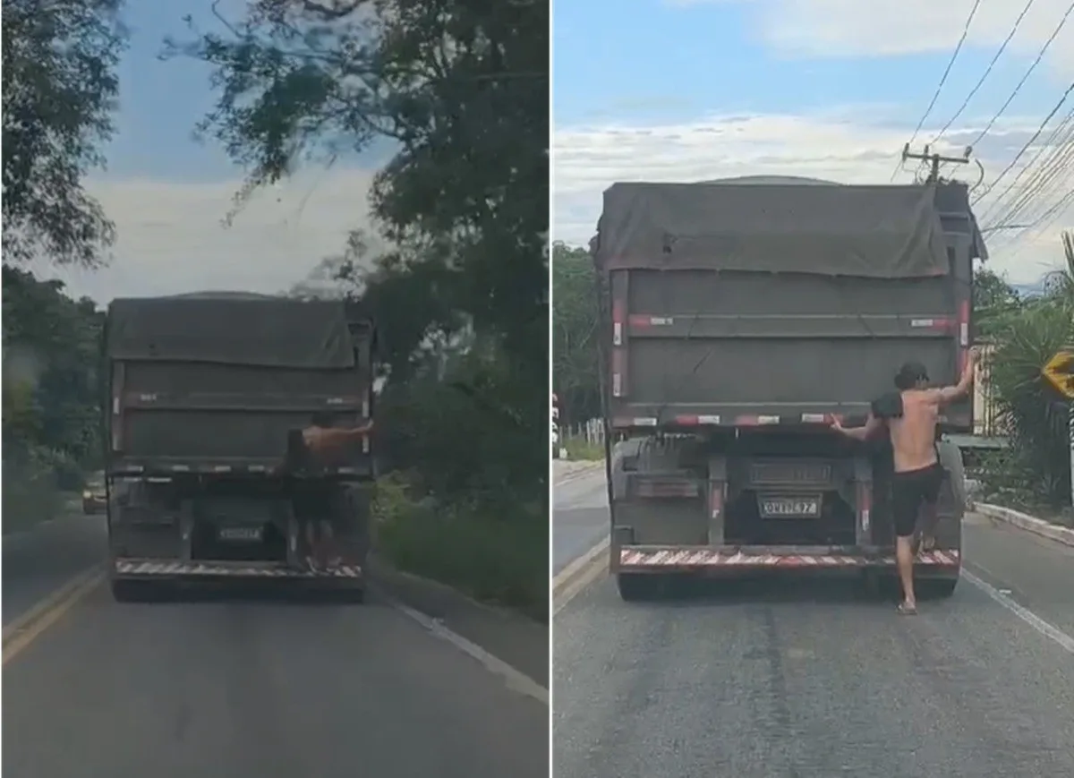 VÍDEO: homem é flagrado viajando na traseira de carreta na RJ-116, em Aperibé