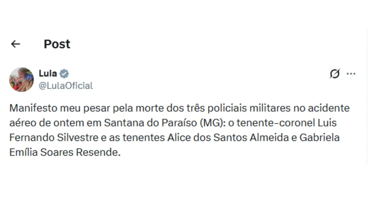 Lula se manifesta após queda de avião da PM em MG: 'deixo a minha solidariedade'