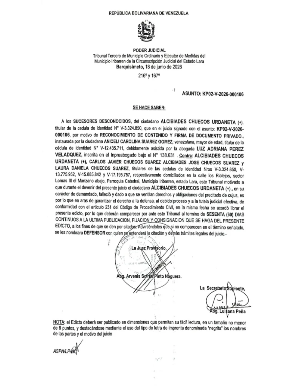 Edicto – A los Sucesores Desconocidos del ciudadano Alcibiades Chuecos Urdaneta (†), cédula de identidad V-3.324.850, Juicio de Reconocimiento de Contenido y Firma de Documento Privado, instaurada por al ciudadana Aniceli Carolina Suárez Gómez, asunto: KP02-V-2026-000106 (7)