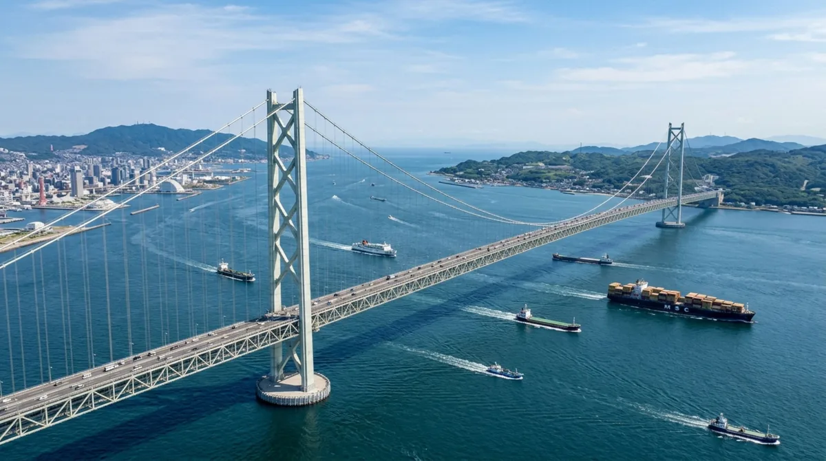 Suspensa por cabos gigantescos e com um vão central de quase 2 quilômetros, esta ponte precisou ser projetada para suportar terremotos, ventos violentos e a passagem constante de navios em uma das rotas marítimas mais movimentadas da Ásia