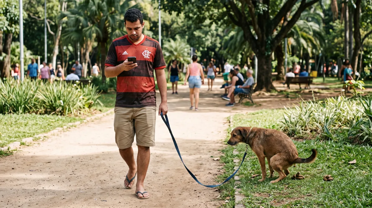 Passear com o cachorro olhando para o celular pode criar problemas que o tutor nem percebe no caminho