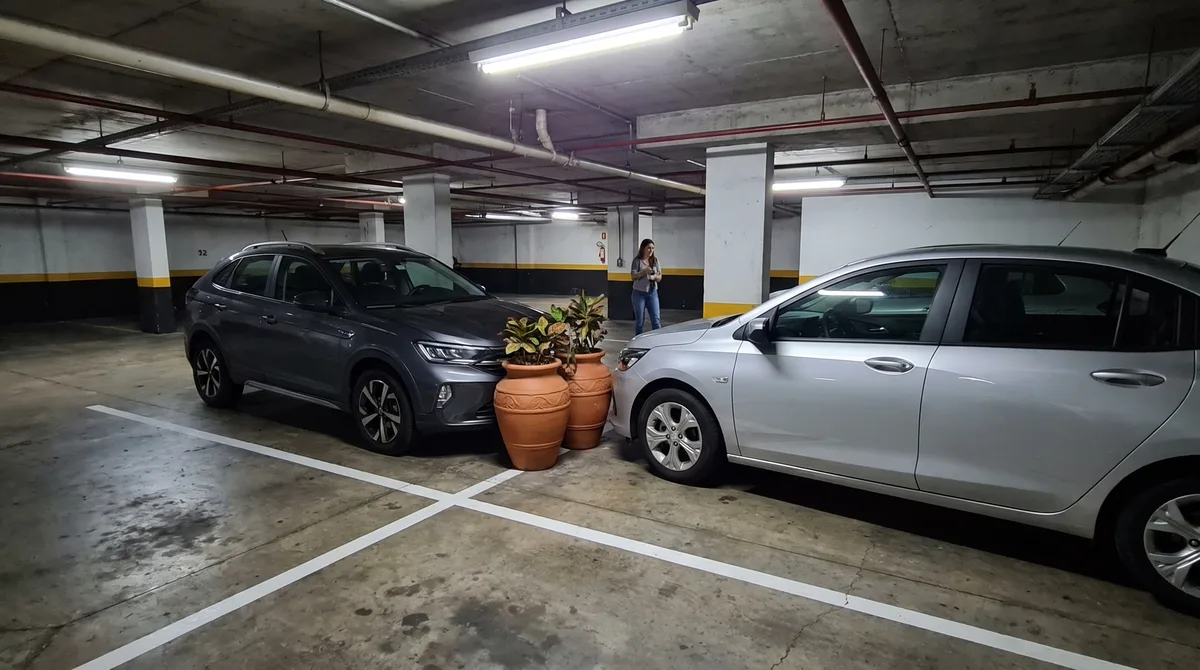 Moradora coloca vasos grandes para impedir que carros invadam a frente da sua vaga e vizinho descobre que perdeu espaço suficiente para abrir completamente a porta do próprio veículo