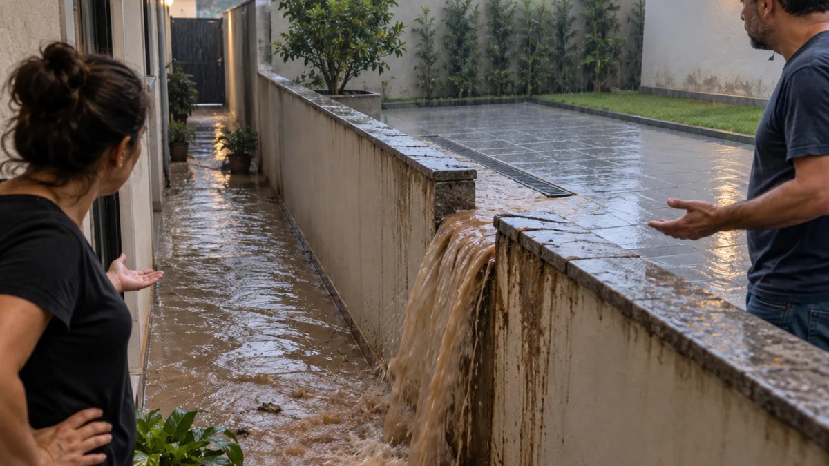 Na primeira chuva depois da reforma, água atravessa o muro e enche o corredor da casa ao lado; o novo piso do quintal vira o centro da discussão