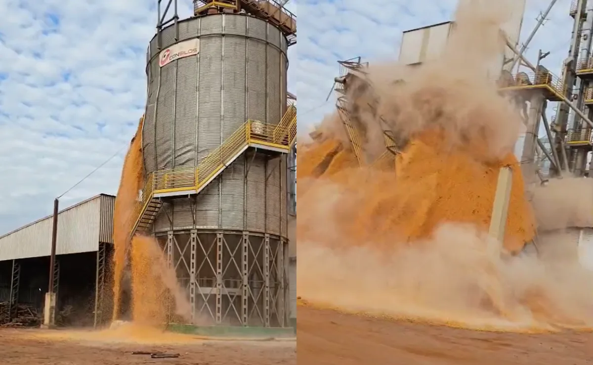 Vídeo mostra momento em que silo de milho se rompe e desaba no Paraná; assista
