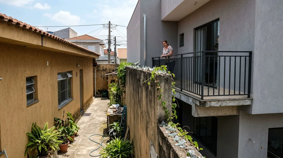 Mulher abre janela lateral de casa e percebe que nova varanda do vizinho ficou muito próxima da divisa, ela questiona obra e descobre que distância prevista no Código Civil pode desfazer toda a construção da varanda