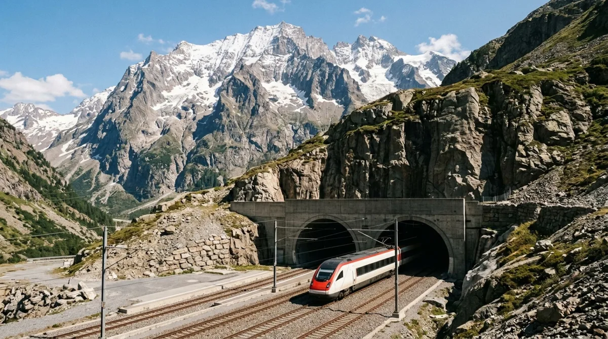 Escavado por quase 60 quilômetros através dos Alpes, este túnel ferroviário passa a mais de 2 quilômetros abaixo das montanhas e permite que trens cruzem a região praticamente sem enfrentar as grandes subidas existentes nas rotas antigas