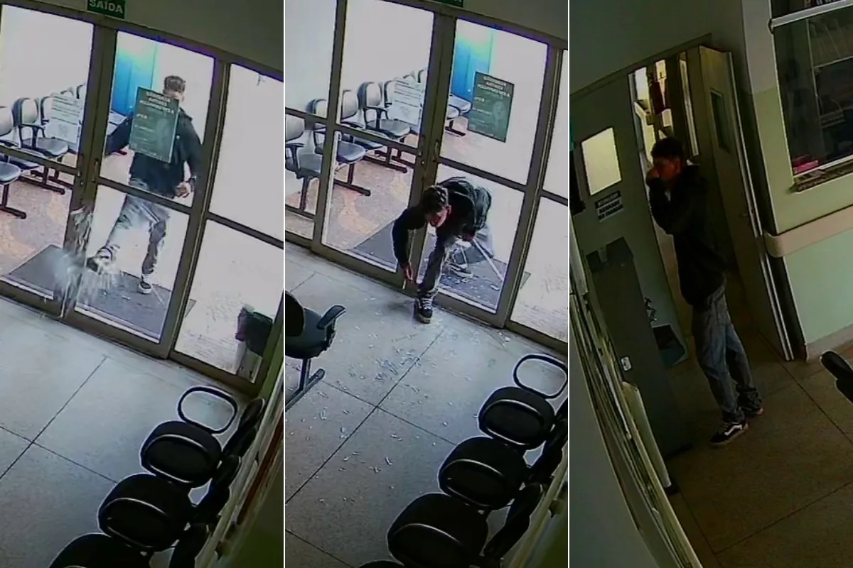 VÍDEO: homem destrói porta para invadir posto de saúde, toma um copo de água e foge no interior de SP