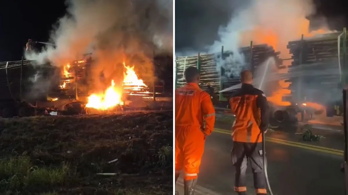 Carreta com eucalipto pega fogo e interdita a BR 101 em Linhares