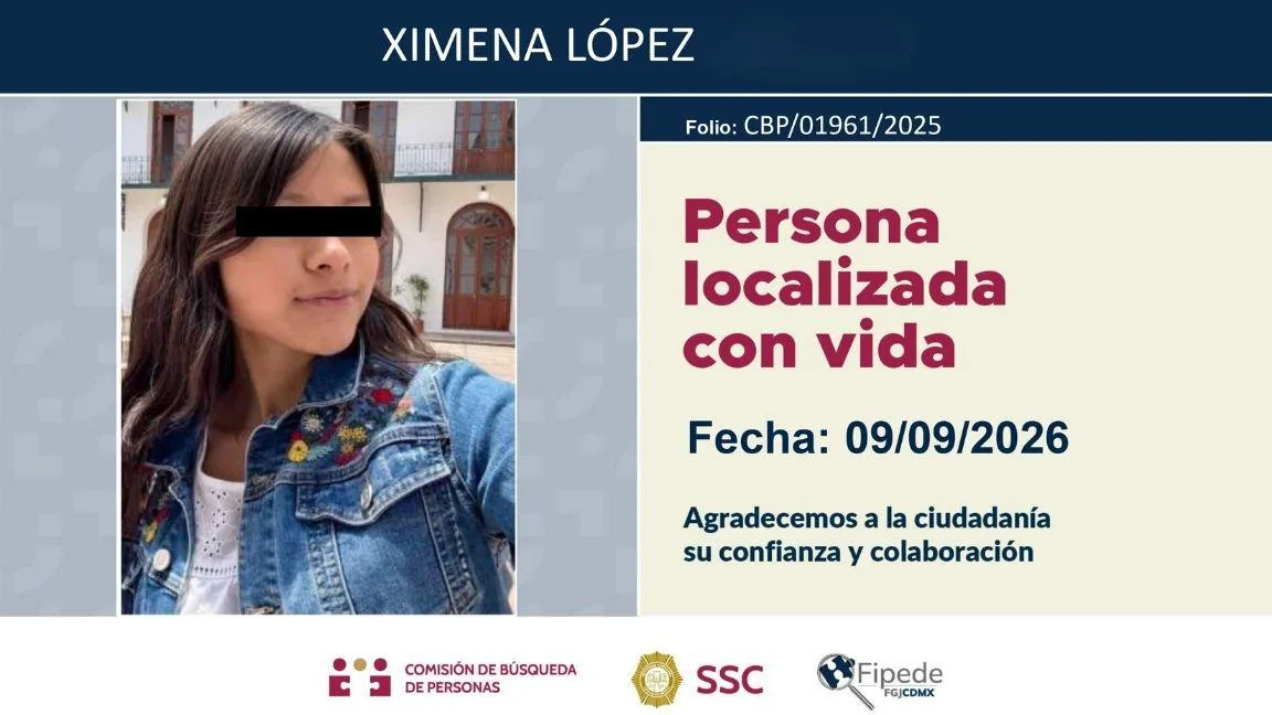 Ximena López, joven desaparecida en Tlalpan, es localizada con vida tras 328 días en Puebla