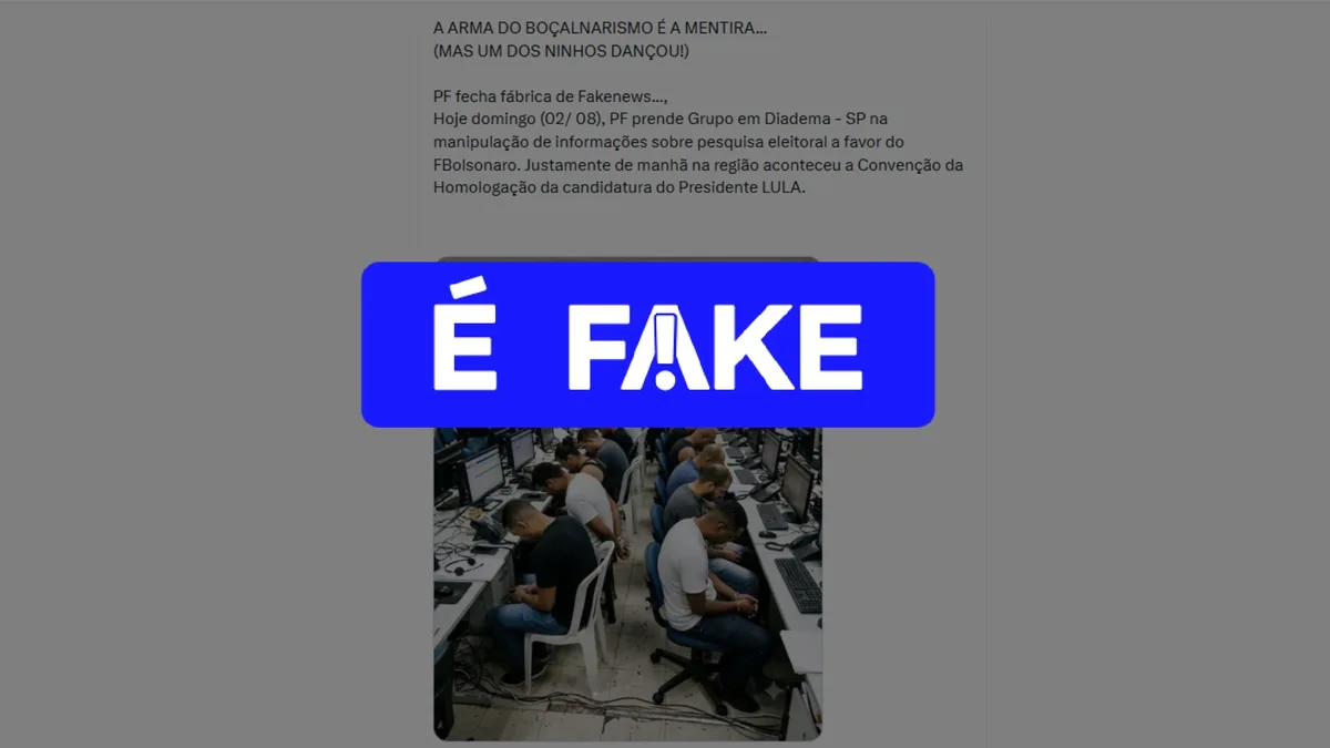 É #FAKE que PF descobriu 'fábrica de fake news' criada para beneficiar Flávio Bolsonaro; foto foi feita com inteligência artificial