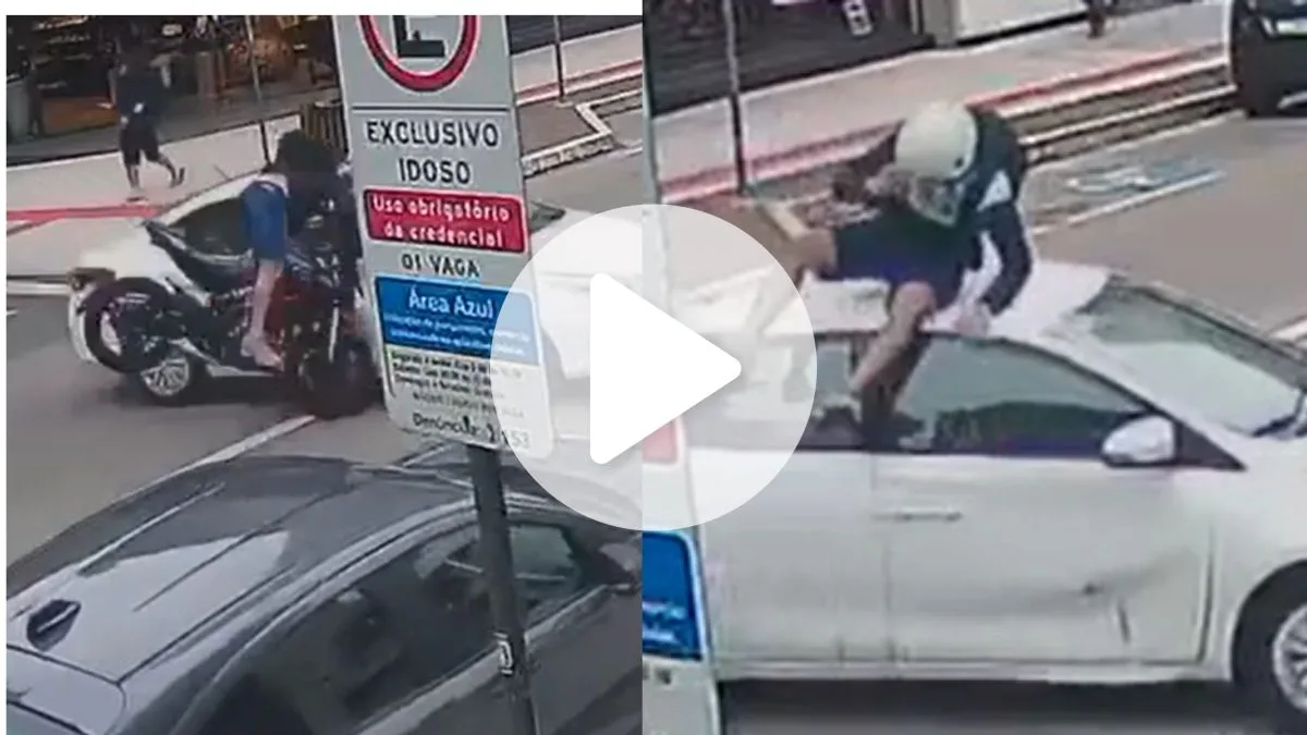 VÍDEO: Motociclista bate contra carro e vai parar sentado no teto do veículo em Balneário Camboriú