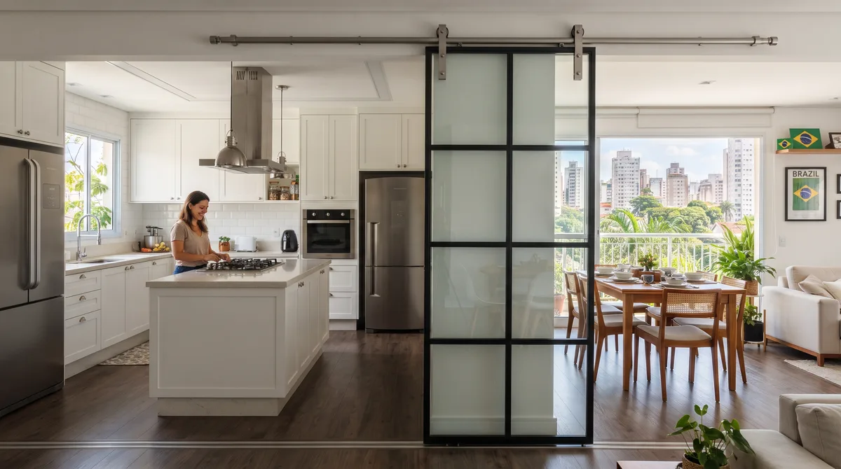 Quanto custa fechar a cozinha americana com porta de vidro de correr em 2026 para reter cheiro de gordura?