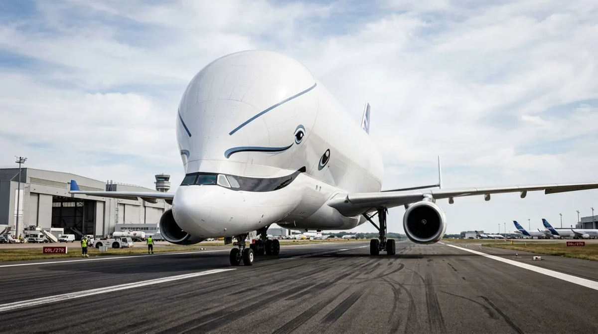 O avião cargueiro exótico com a fuselagem em formato de baleia que abre a testa para engolir asas de outras aeronaves